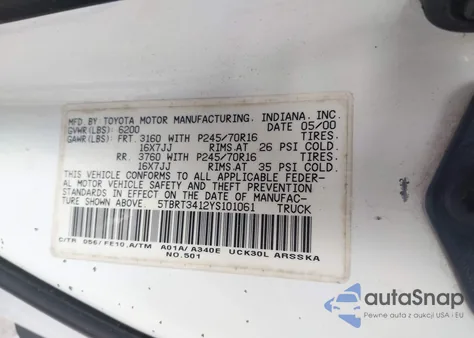 2000 Toyota Tundra Sr5 V8 from USA, damaged, VIN 5TBRT3412YS101061